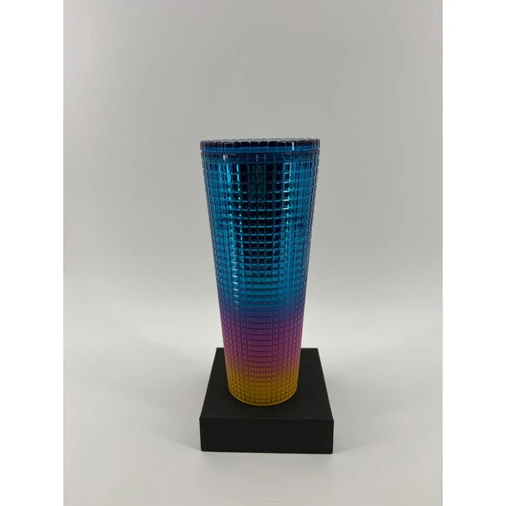 Starbucks Tumbler‎ Cold Cup Unisex 24oz Blue Purple Yellow Grid Ombre No Straw